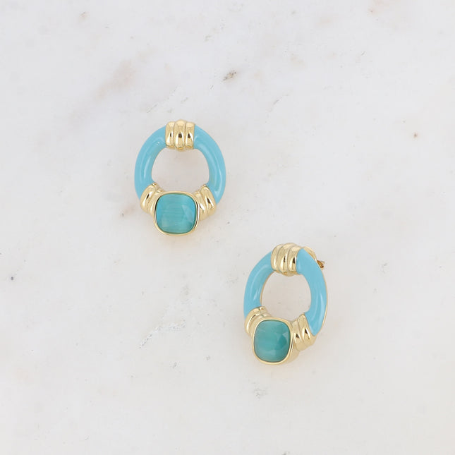 Stud earrings - openwork oval, enamel and square cat's eye