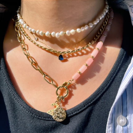Collier maille et perlé en pierre naturelle