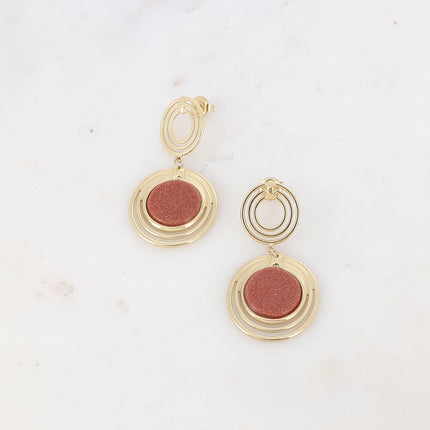Boucles pendantes - double médaillon à 3 anneaux et pierre naturelle