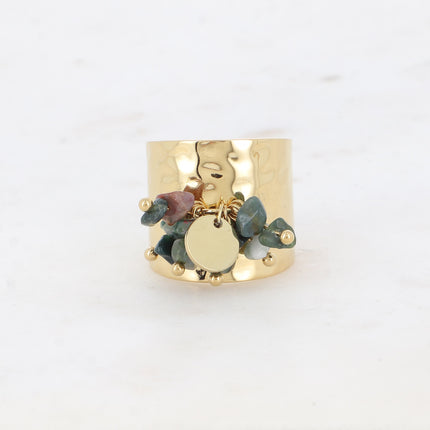Bague large Albia - pampille ronde lisse et pierres naturelles