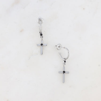 Créoles - anneau strié, croix et oxyde de zirconium