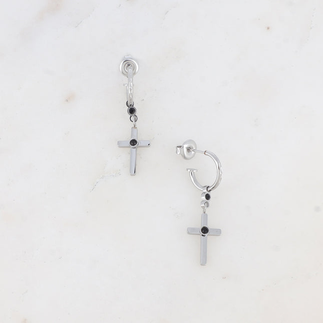 Créoles - anneau strié, croix et oxyde de zirconium