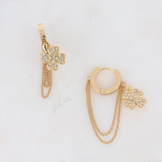 Hoop earrings with a clover set with zirconia stones and 2 chains