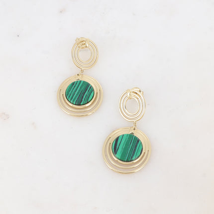 Boucles pendantes - double médaillon à 3 anneaux et pierre naturelle