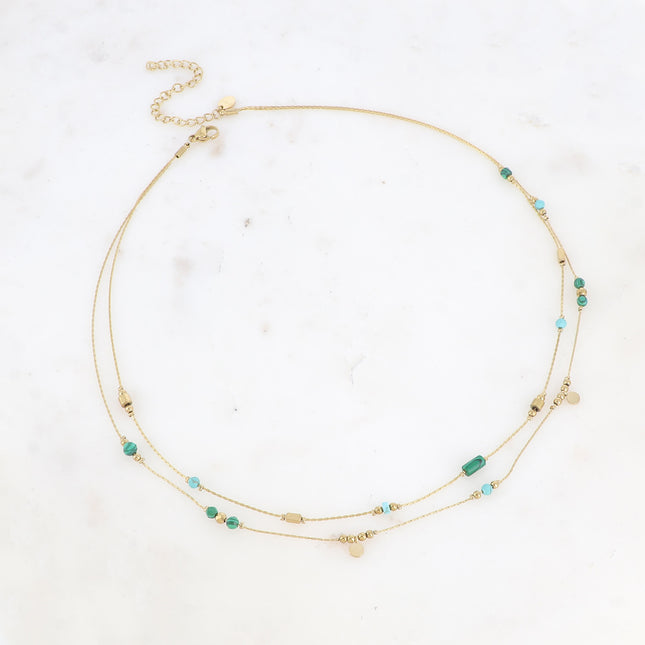 Evaëlle Necklace - 2 strands, round tassels and natural stones