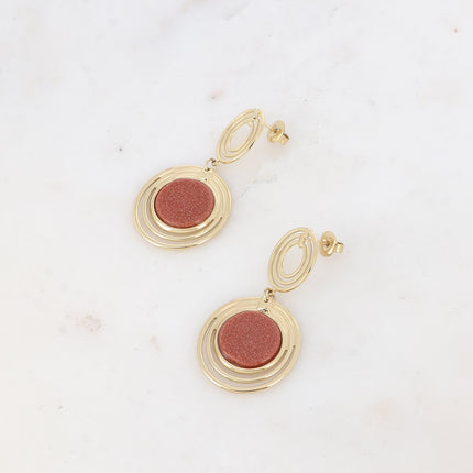 Boucles pendantes - double médaillon à 3 anneaux et pierre naturelle