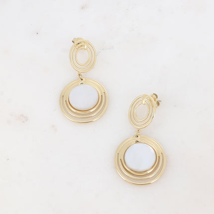 Boucles pendantes - double médaillon à 3 anneaux et pierre naturelle