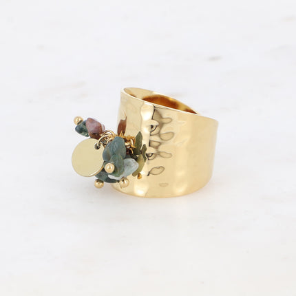 Bague large Albia - pampille ronde lisse et pierres naturelles