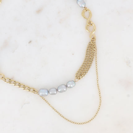 Collier Gladys - UNISEX - mailles gourmettes et forçat, anneaux 8 et perles d'eau douce