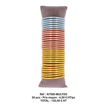Set of 30 thick multicolored Buddhist bangles with mantra. Cushion included. Average price: €4.50 excl. VAT