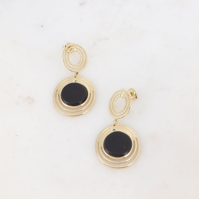 Boucles pendantes - double médaillon à 3 anneaux et pierre naturelle