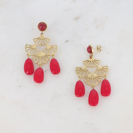 Nour drop earrings - round cabochon, fan-shaped insert and 3 acetate drops