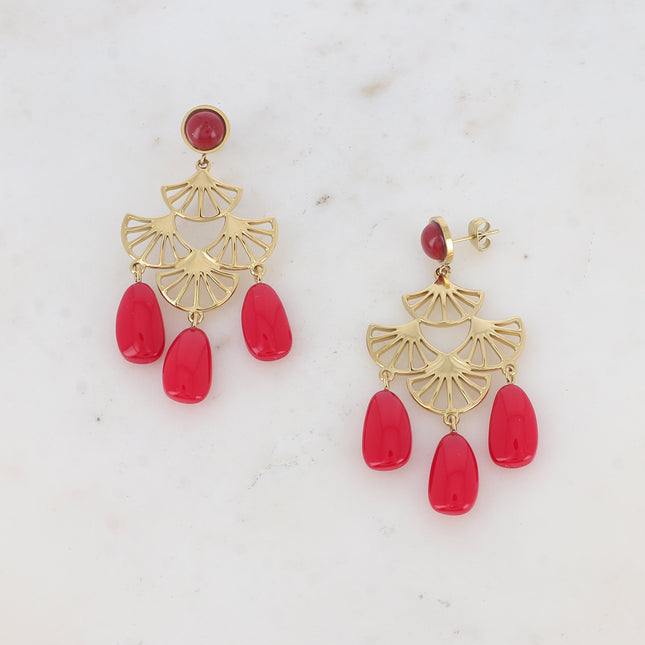 Nour drop earrings - round cabochon, fan-shaped insert and 3 acetate drops