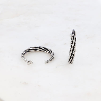 Créoles - tourbillon ronds et lignes sur émail noir 4 cm