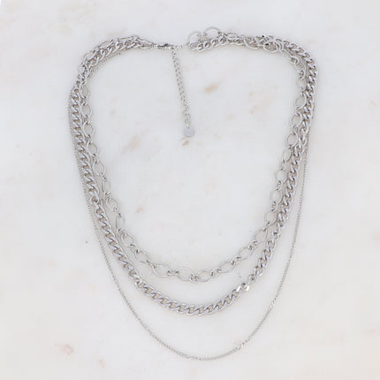 Collier 3 rangs avec mailles gourmettes et ovales texturés