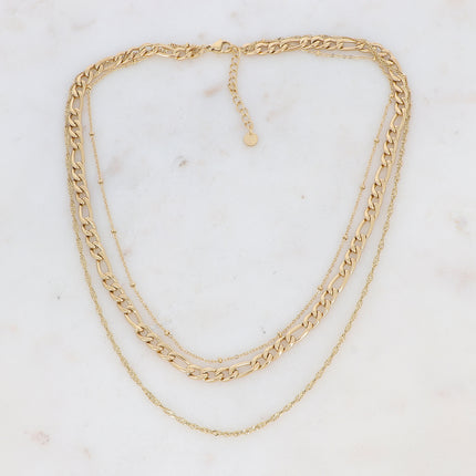 Collier 3 rangs avec mailles forçat, gourmette plate et figaro