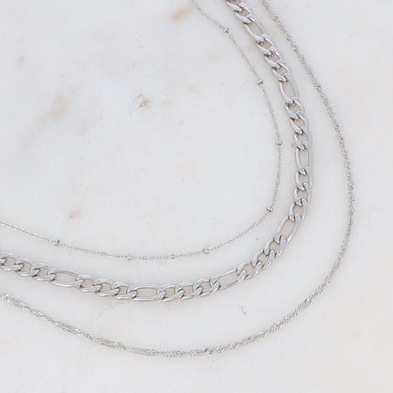 Collier 3 rangs avec mailles forçat, gourmette plate et figaro