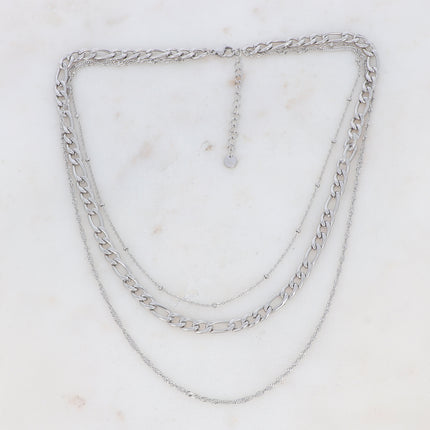 Collier 3 rangs avec mailles forçat, gourmette plate et figaro