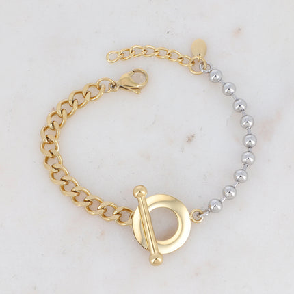 Aloïs S Bracelet - UNISEX - 2 curb links and beads, cabochon clasp motif 19.5cm