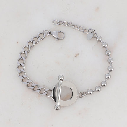 Aloïs S Bracelet - UNISEX - 2 curb links and beads, cabochon clasp motif 19.5cm