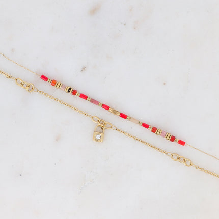 Bracelet 2 rangs - cadenas et pierre naturelle