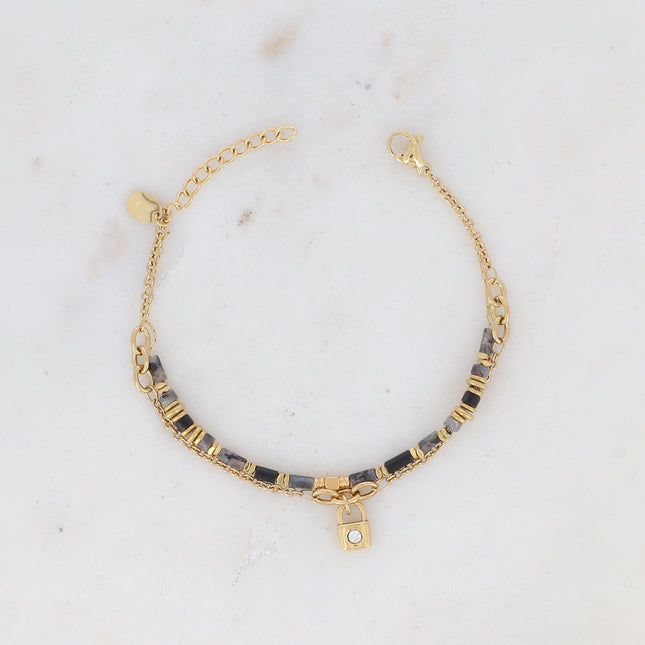 Bracelet 2 rangs - cadenas et pierre naturelle