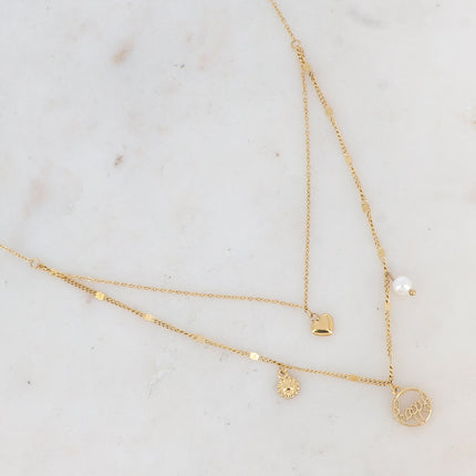 Collier Océane - 2 rangs, "happy", coeur et breloques