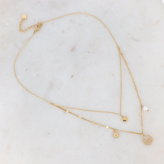 Collier Océane - 2 rangs, "happy", coeur et breloques