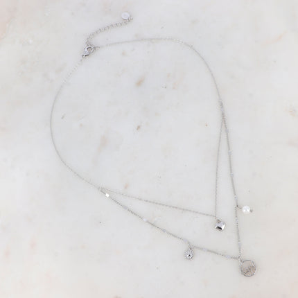 Collier Océane - 2 rangs, "happy", coeur et breloques