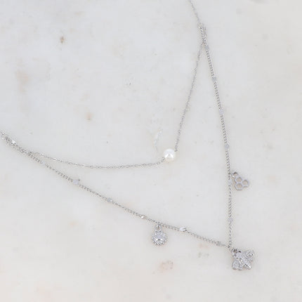 Collier Neige - 2 rangs, abeille, perle d'acétate nacrée, fleur