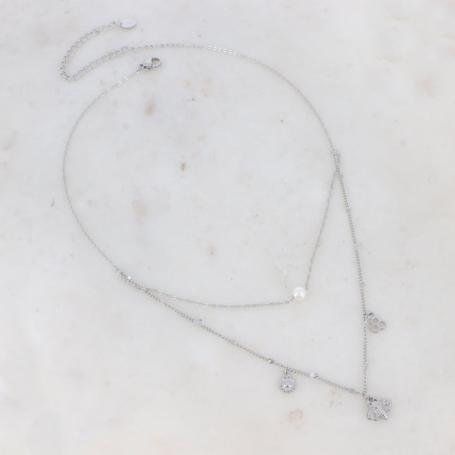 Snow Necklace - 2 strands, bee, pearly acetate bead, flower