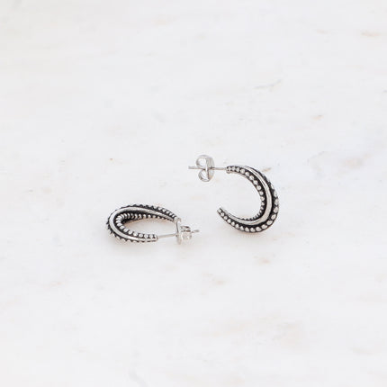 Créoles - tourbillon ronds et lignes sur émail noir 2 cm