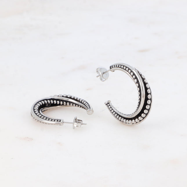 Créoles - tourbillon ronds et lignes sur émail noir 3 cm