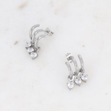 Boucles puces - 3 anneaux et 3 cristaux coeur