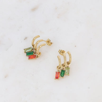 Celly stud earrings - 3 rings and 3 rectangular crystals
