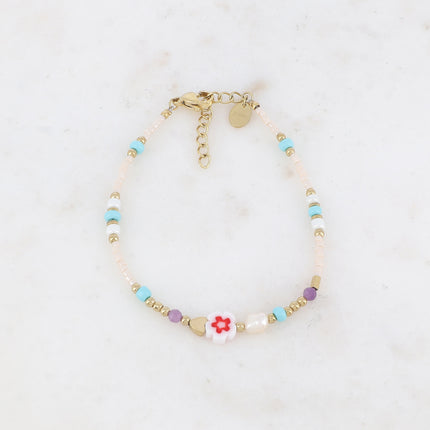 Bracelet - fleur, perles d'eau douce, perles de rocaille