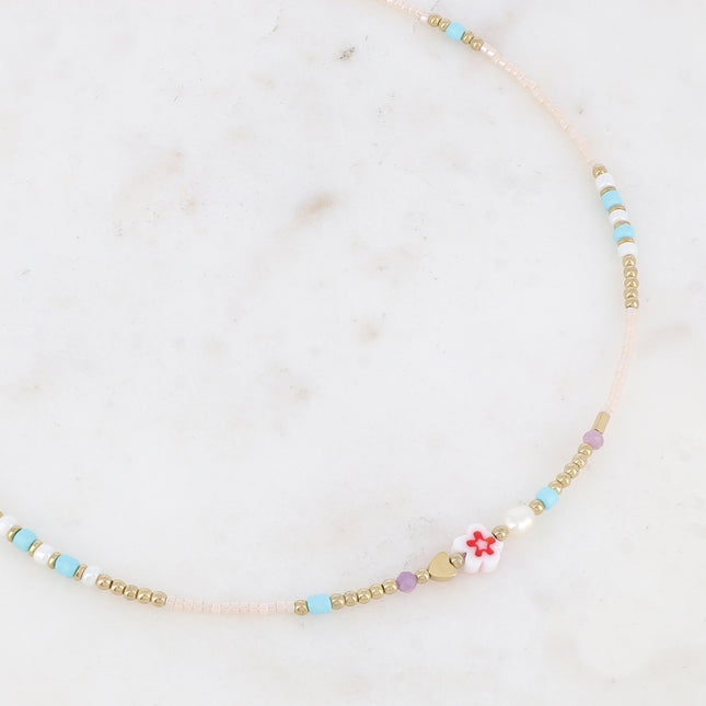 Collier - fleur, perles d'eau douce, perles de rocaille