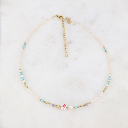 Collier - fleur, perles d'eau douce, perles de rocaille