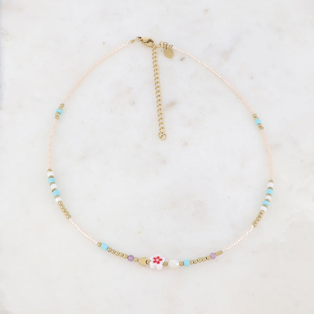 Collier - fleur, perles d'eau douce, perles de rocaille