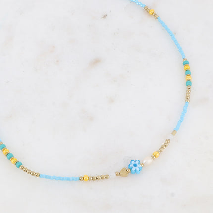 Collier - fleur, perles d'eau douce, perles de rocaille