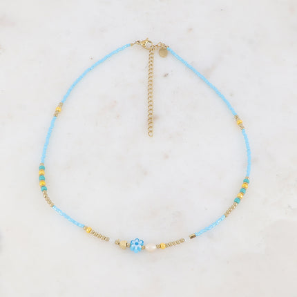 Collier - fleur, perles d'eau douce, perles de rocaille