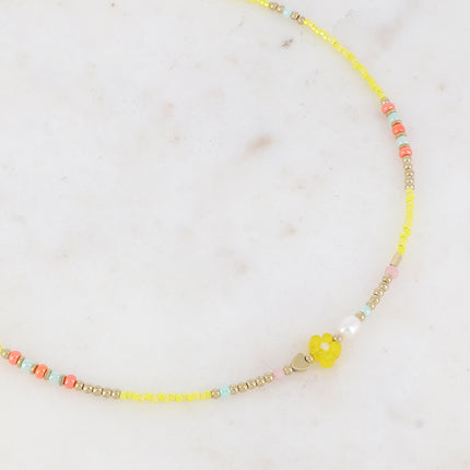 Collier - fleur, perles d'eau douce, perles de rocaille