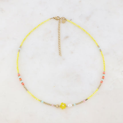 Collier - fleur, perles d'eau douce, perles de rocaille