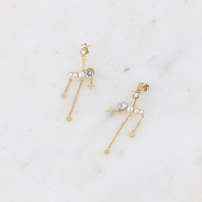 Stud earrings - crystal heart and interchangeable pearly acetates, zirconium oxide, star and chains