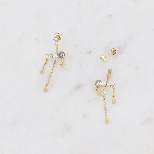 Stud earrings - crystal heart and interchangeable pearly acetates, zirconium oxide, star and chains