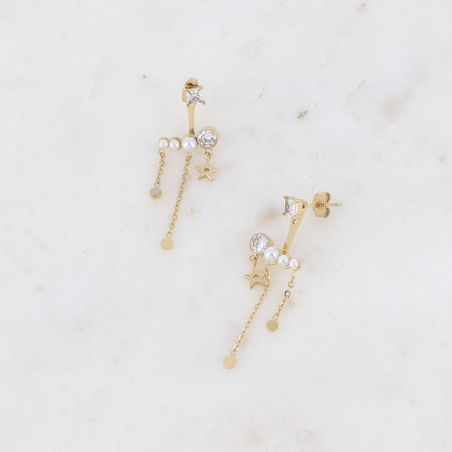 Xenia stud earrings - square and interchangeable crystal, pearly acetates, zirconium oxide, star and chains
