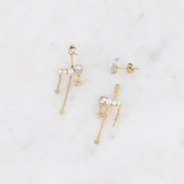 Xenia stud earrings - square and interchangeable crystal, pearly acetates, zirconium oxide, star and chains