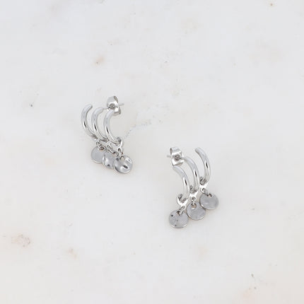 Stud earrings - 3 rings and hammered round tassels