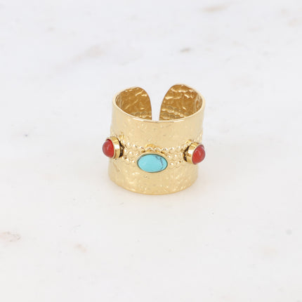 Bague large - martelé et 3 cabochons en pierre naturelle