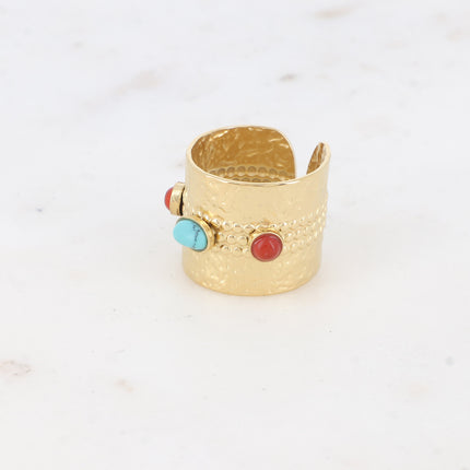 Bague large - martelé et 3 cabochons en pierre naturelle